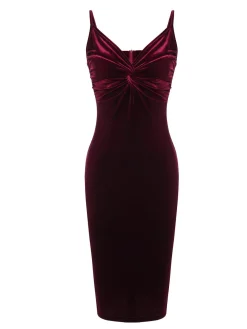 Clearance Retro Stage 2PCS Wine Red 1960s Velvet Bodycon Dress