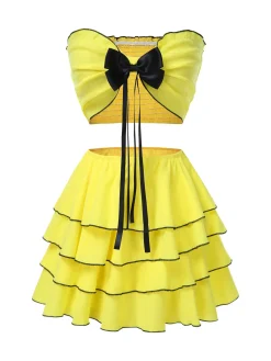 Hot Retro Stage 2PCS 1950s Bow Smocked Tube Top & Multi-Layer Skirt Yellow