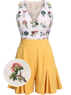 Online Retro Stage 2PCS 1950s Embroidery Top & Pockets Shorts Yellow