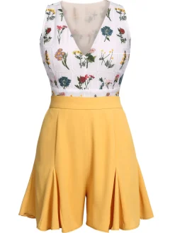 Online Retro Stage 2PCS 1950s Embroidery Top & Pockets Shorts Yellow