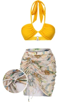Clearance Retro Stage 2PCS Yellow 1970s Retro Architectural Pattern Swimsuit & Cover-Up Multicolor