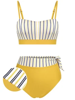 Best Retro Stage 2PCS 1940s Striped Patchwork Swimsuit Yellow