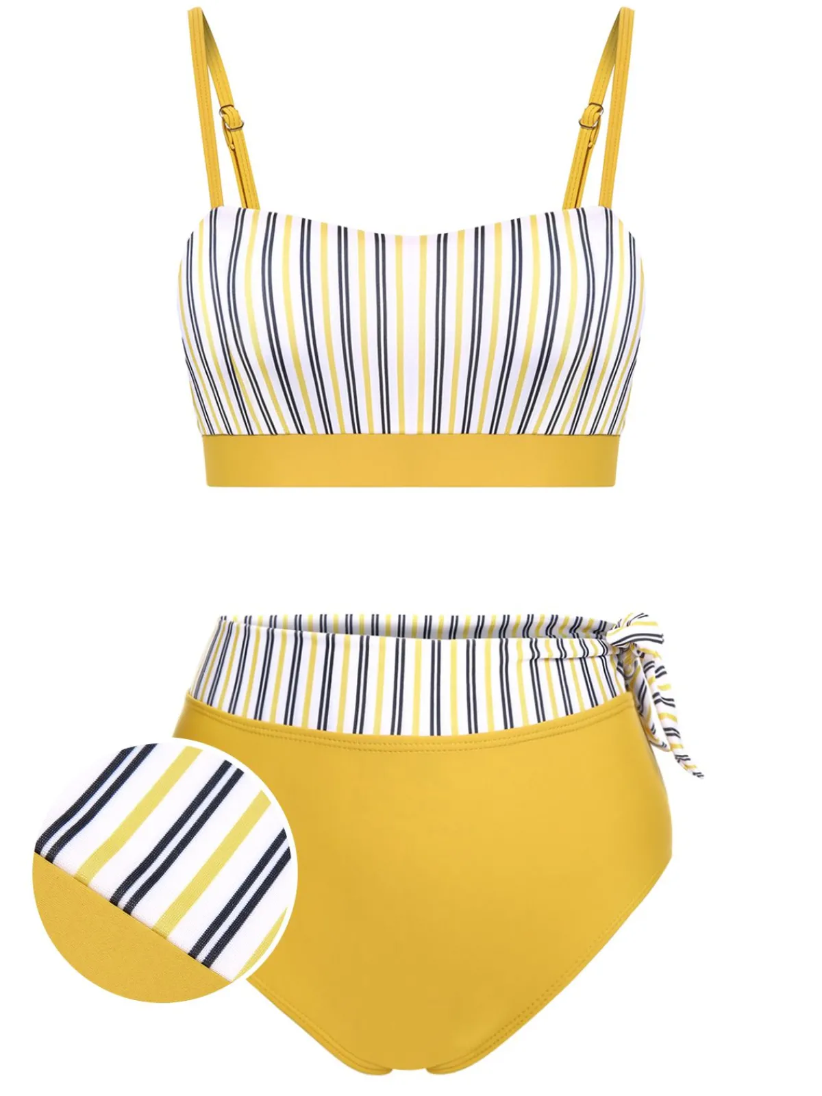 Best Retro Stage 2PCS 1940s Striped Patchwork Swimsuit Yellow