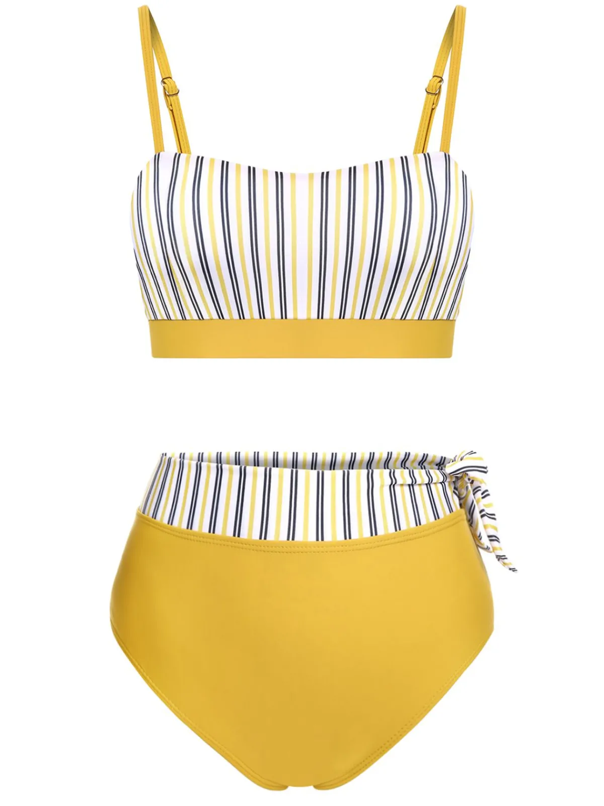 Best Retro Stage 2PCS 1940s Striped Patchwork Swimsuit Yellow