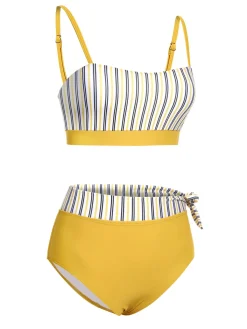 Best Retro Stage 2PCS 1940s Striped Patchwork Swimsuit Yellow