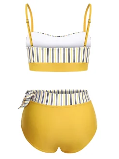 Best Retro Stage 2PCS 1940s Striped Patchwork Swimsuit Yellow