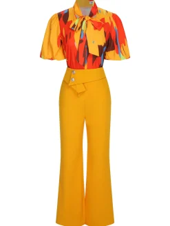 Outlet Retro Stage 2PCS 1970s Tie Bow Colorblock Blouse & Bottons Pants Yellow
