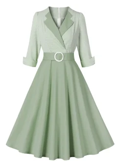Discount Retro Stage 1950s Plaid Roll Up Belt Dress Pea Green Grey