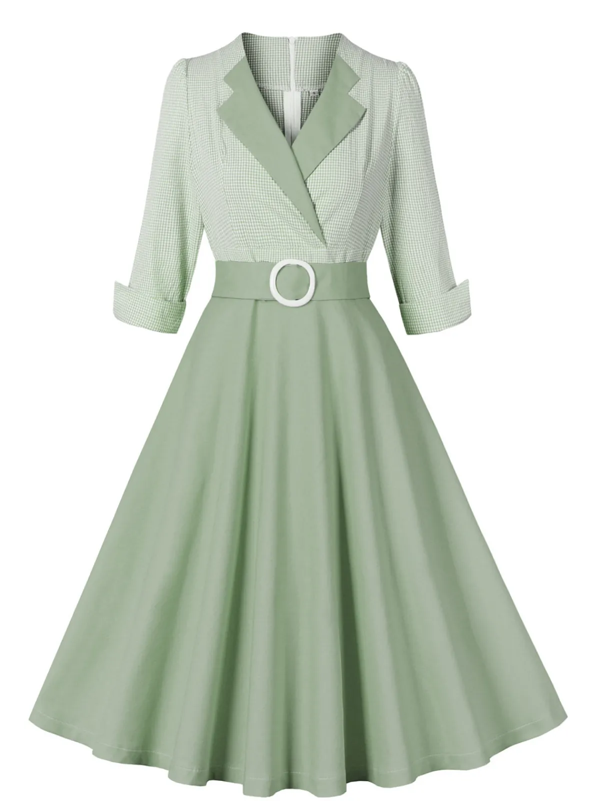Discount Retro Stage 1950s Plaid Roll Up Belt Dress Pea Green Grey