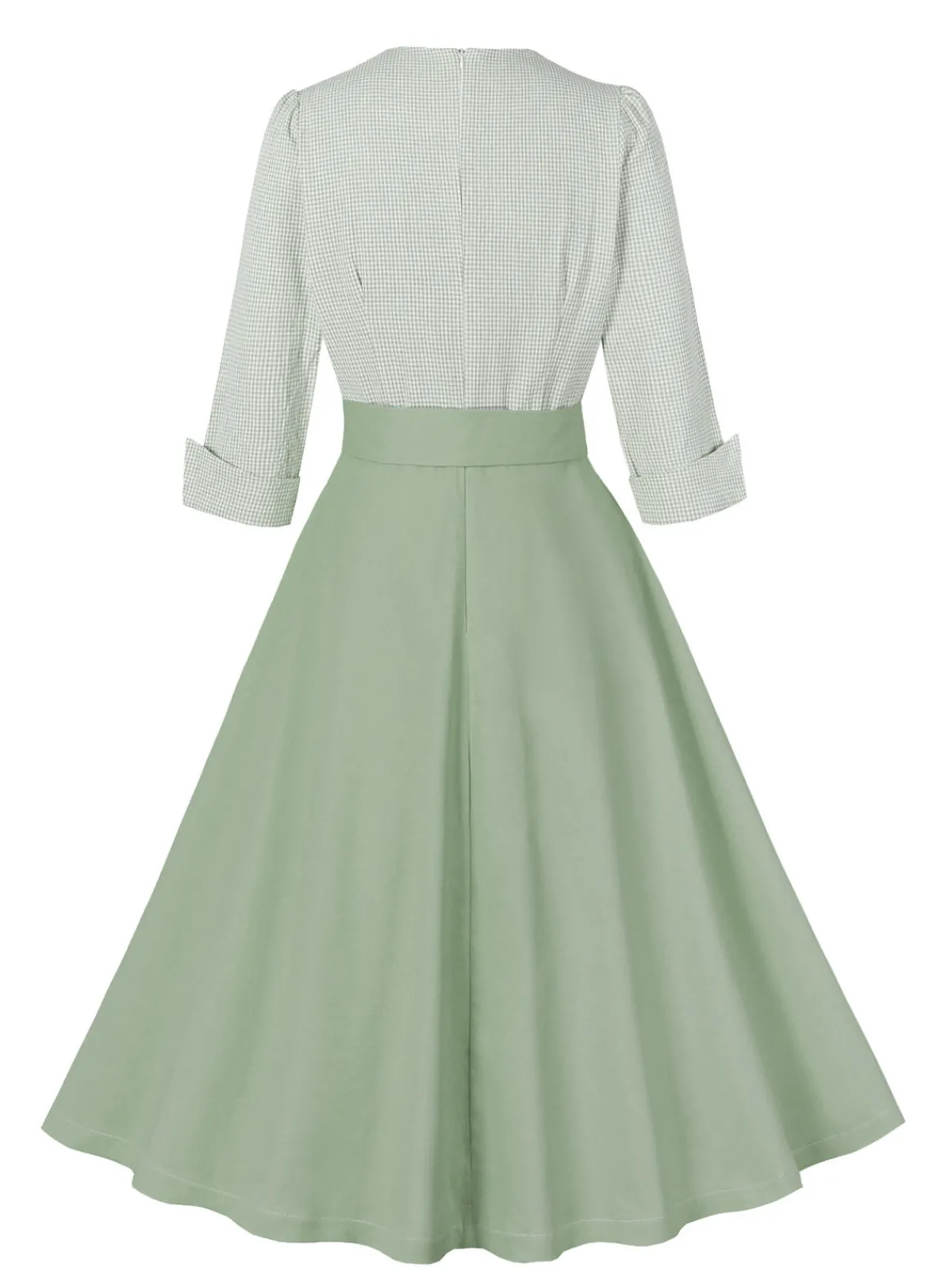 Discount Retro Stage 1950s Plaid Roll Up Belt Dress Pea Green Grey