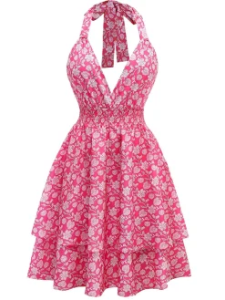 Fashion Retro Stage 1960s Smocked Floral Halter Dress Peach Pink