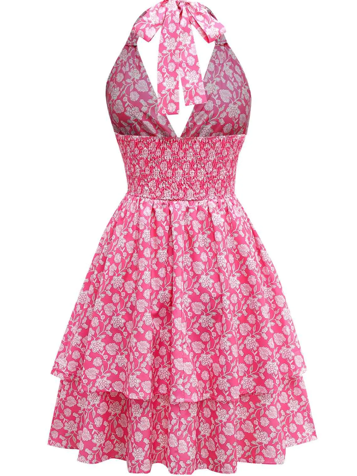 Fashion Retro Stage 1960s Smocked Floral Halter Dress Peach Pink