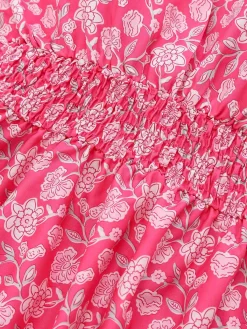 Fashion Retro Stage 1960s Smocked Floral Halter Dress Peach Pink