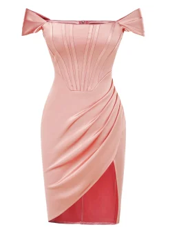 New Retro Stage Peach 1960s Solid Cap Sleeves Satin Dress Pink