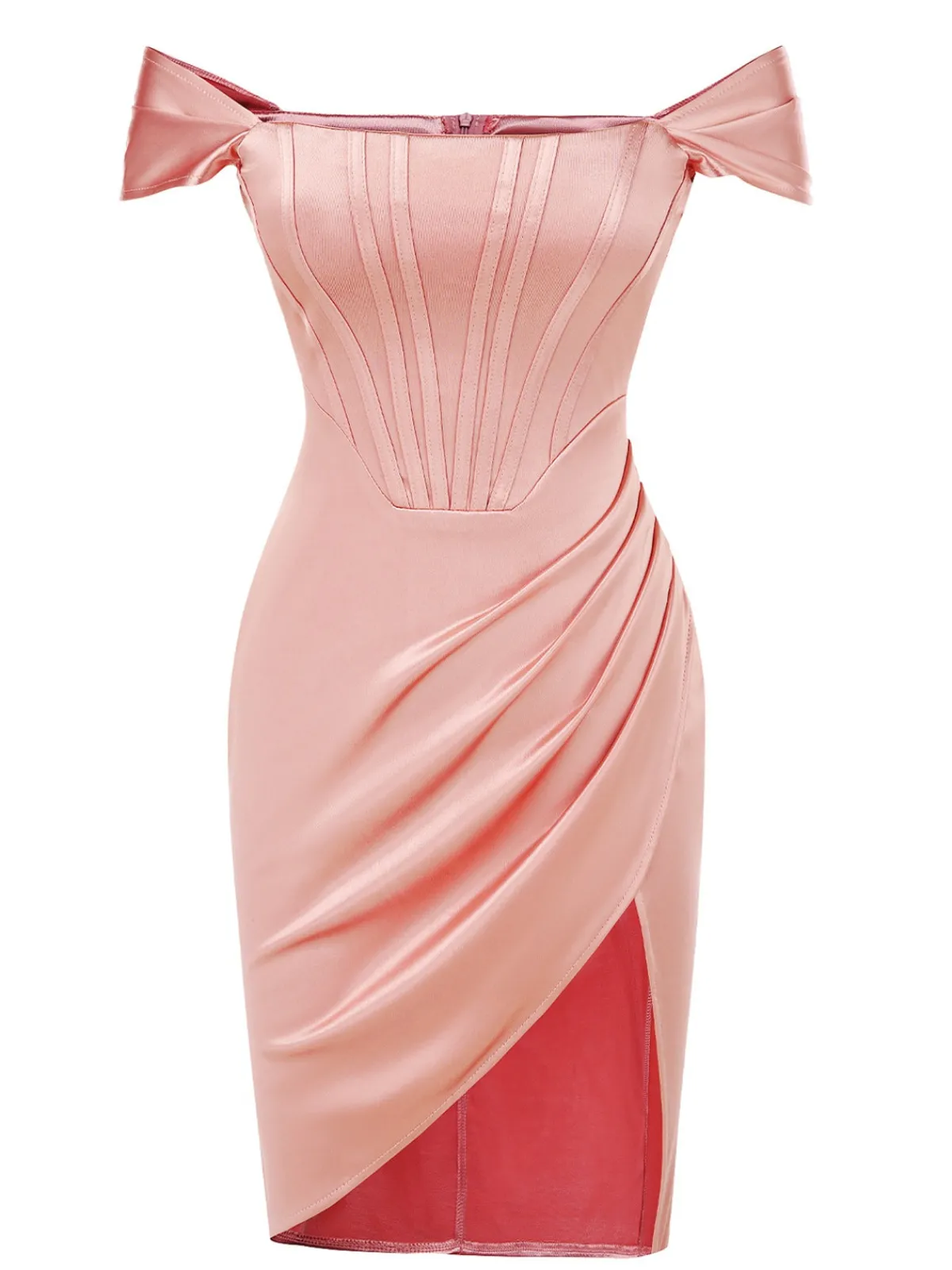New Retro Stage Peach 1960s Solid Cap Sleeves Satin Dress Pink