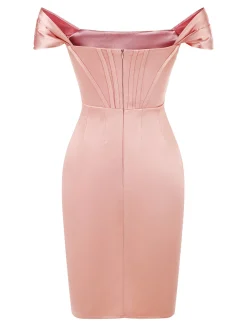 New Retro Stage Peach 1960s Solid Cap Sleeves Satin Dress Pink