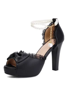 Discount Retro Stage Pearl Bow Lace Peep Toe High Heels Sandals