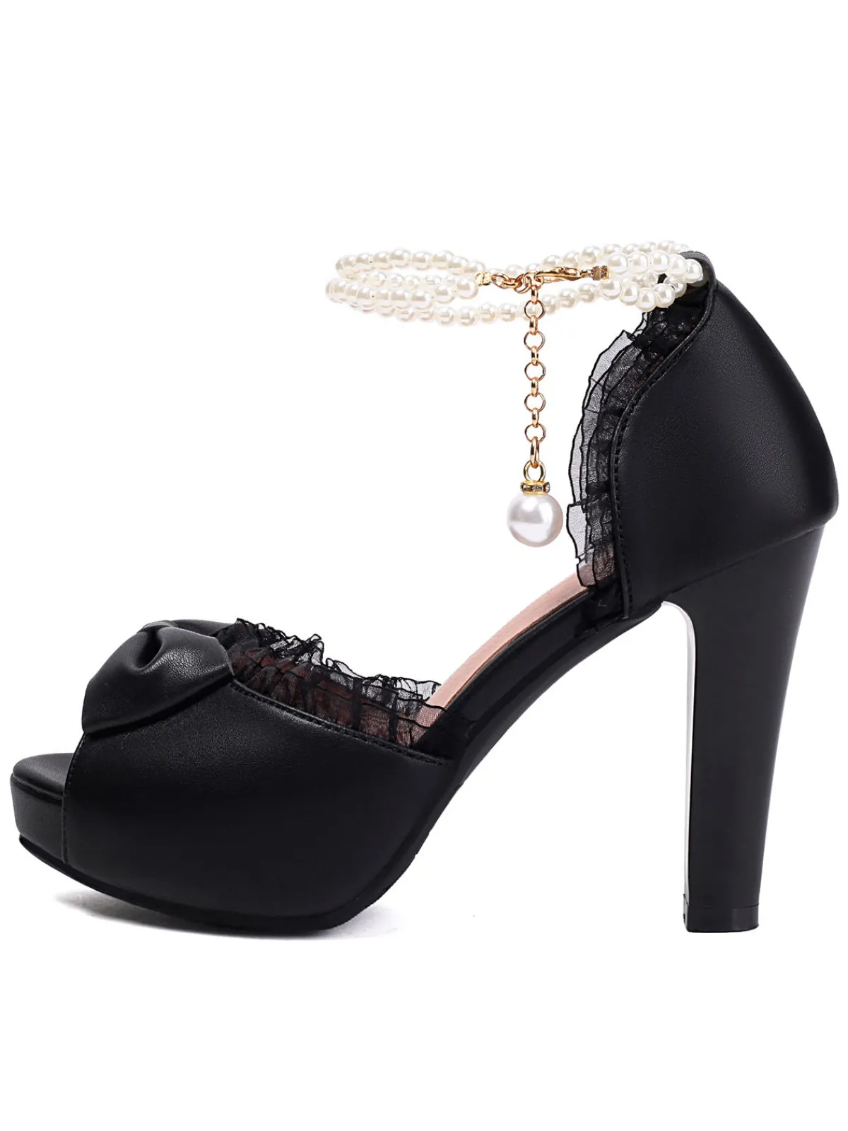 Discount Retro Stage Pearl Bow Lace Peep Toe High Heels Sandals