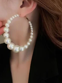Discount Retro Stage Pearl Large Hoop Vintage Earrings