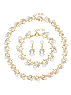 Best Retro Stage Pearl Rhinestones Vine Shape Necklace & Bracelet & Earrings Set