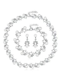 Best Retro Stage Pearl Rhinestones Vine Shape Necklace & Bracelet & Earrings Set