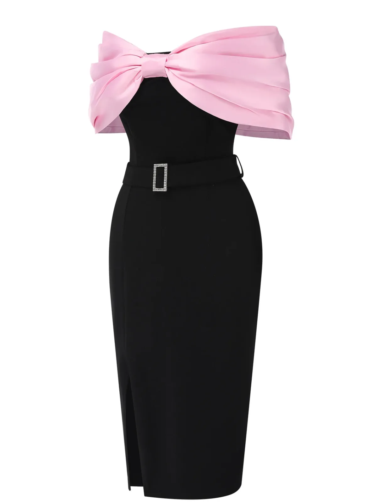 New Retro Stage 1960s Bow Off-Shoulder Belted Dress Pink & Black