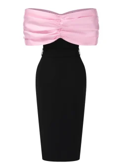 New Retro Stage 1960s Bow Off-Shoulder Belted Dress Pink & Black