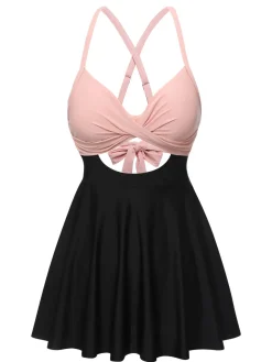 Clearance Retro Stage 1940s Front Cutout Strap Swimsuit Pink & Black