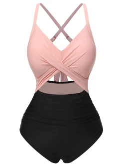 Best Retro Stage Pink & Black 1940s Hollow Waist Patchwork Swimsuit