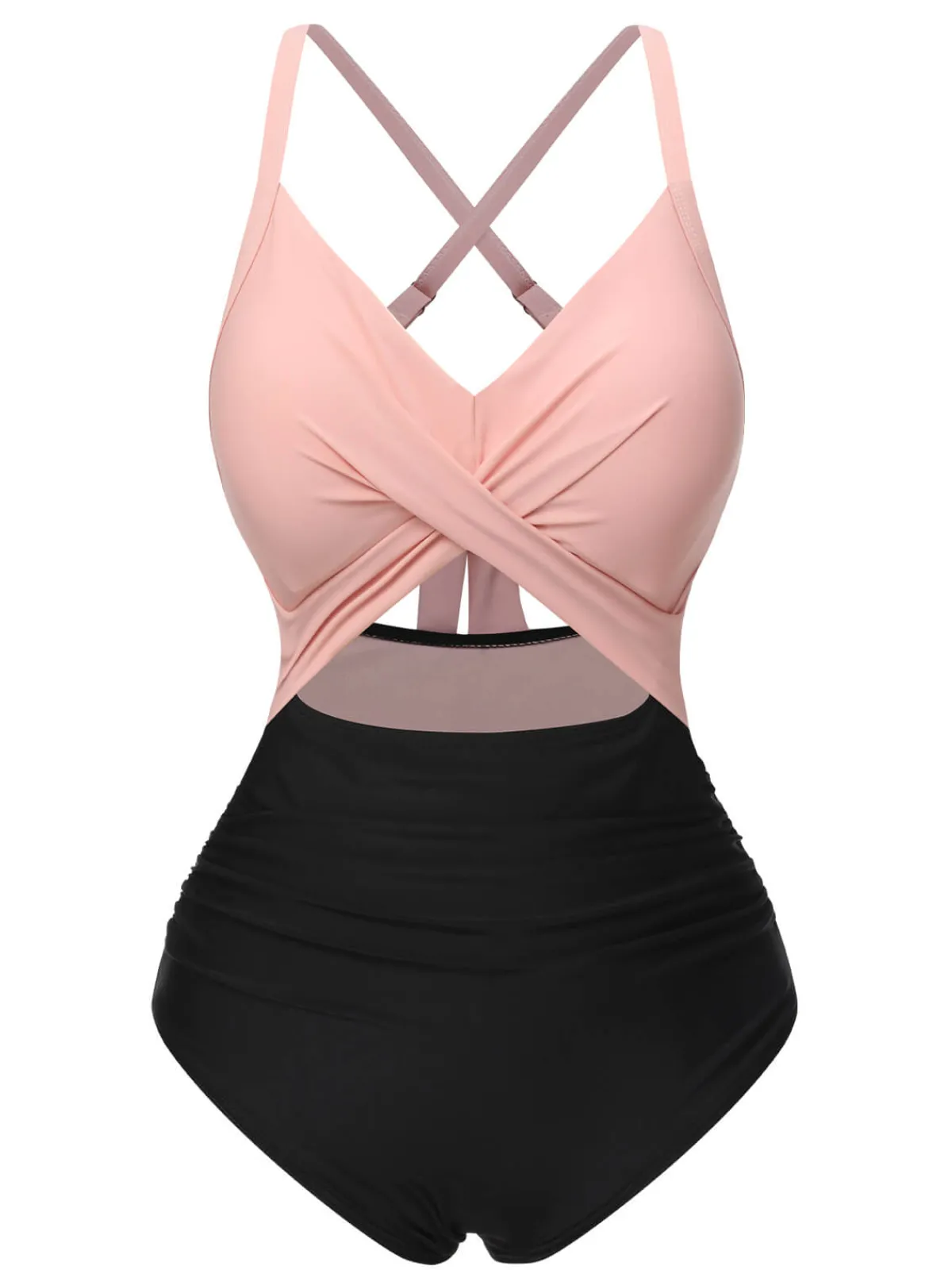 Best Retro Stage Pink & Black 1940s Hollow Waist Patchwork Swimsuit