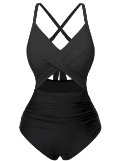 Best Retro Stage Pink & Black 1940s Hollow Waist Patchwork Swimsuit