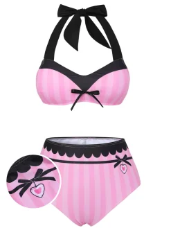 Online Retro Stage & Black 1950s Stripe Halter Swimsuit Pink