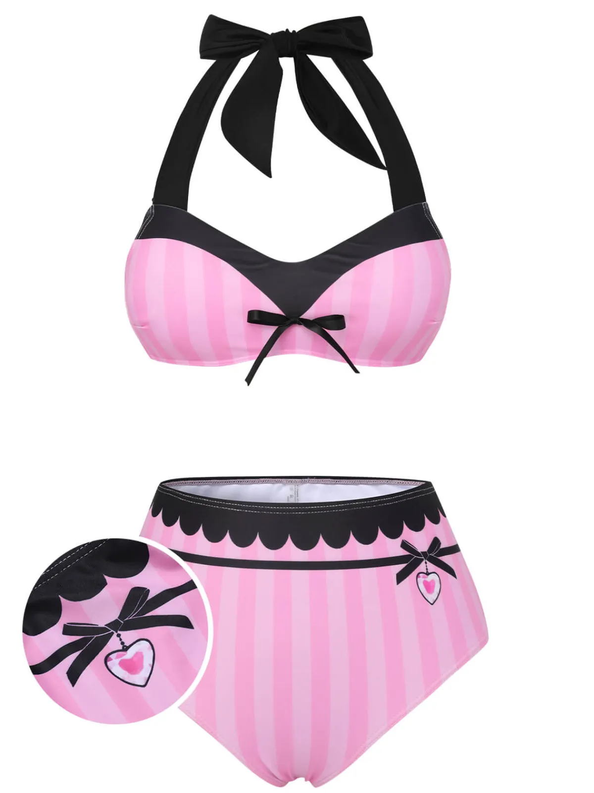 Online Retro Stage & Black 1950s Stripe Halter Swimsuit Pink