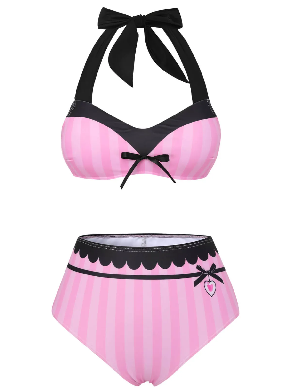 Online Retro Stage & Black 1950s Stripe Halter Swimsuit Pink
