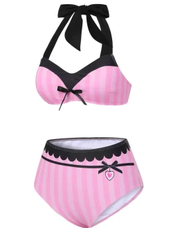 Online Retro Stage & Black 1950s Stripe Halter Swimsuit Pink
