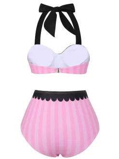 Online Retro Stage & Black 1950s Stripe Halter Swimsuit Pink