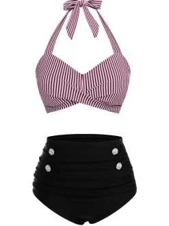 Clearance Retro Stage Pink & Black 1940s Striped Halter Swimsuit Set