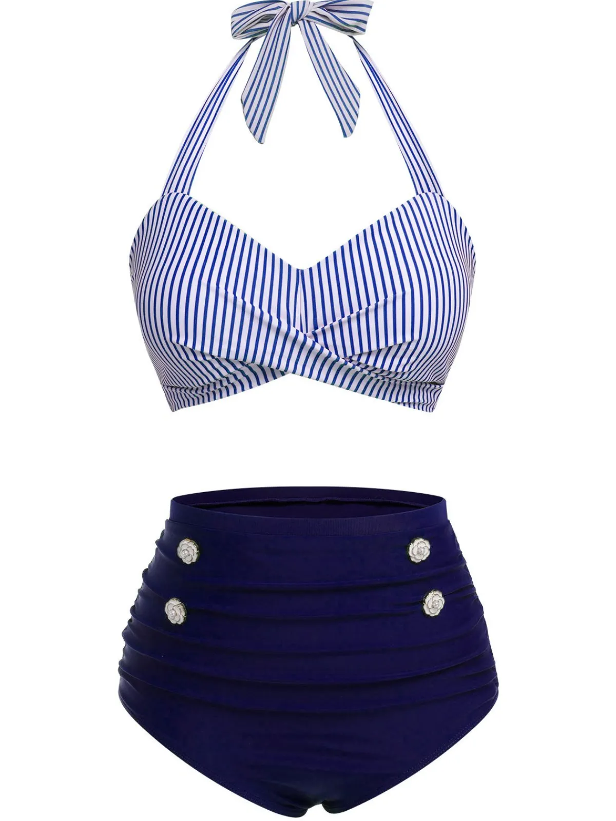 Clearance Retro Stage Pink & Black 1940s Striped Halter Swimsuit Set