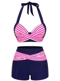 Online Retro Stage 1950s Striped Halter Swimsuit Pink & Blue