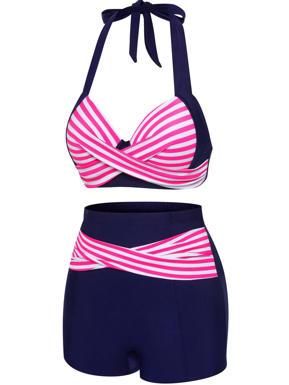 Online Retro Stage 1950s Striped Halter Swimsuit Pink & Blue