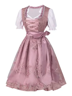 Discount Retro Stage 1950 Embroidered Puff Dress Set Pink
