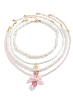 Fashion Retro Stage Pink & White Pearl Bow Butterfly Necklace Set