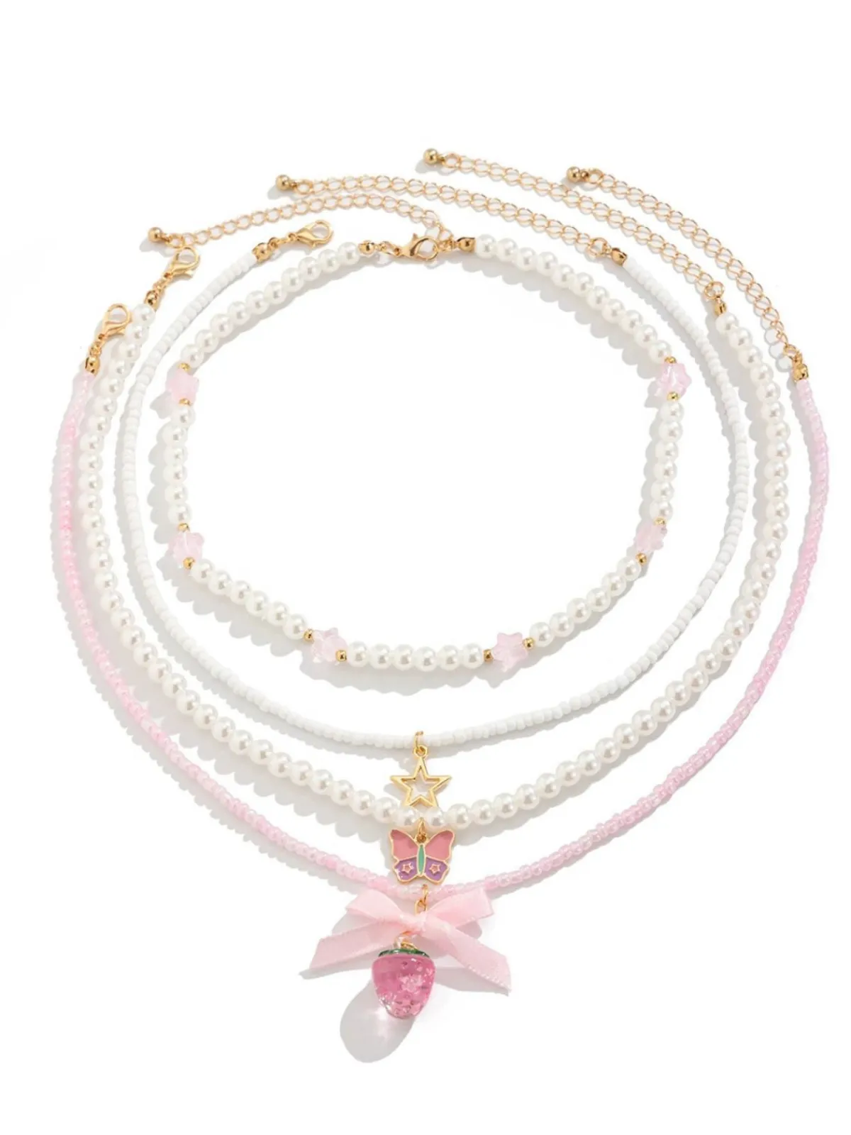 Fashion Retro Stage Pink & White Pearl Bow Butterfly Necklace Set