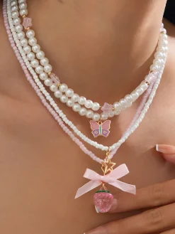 Fashion Retro Stage Pink & White Pearl Bow Butterfly Necklace Set