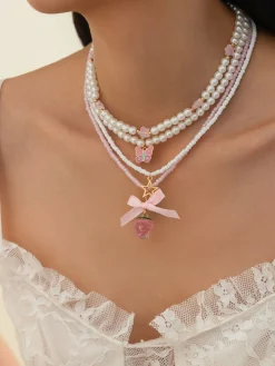 Fashion Retro Stage Pink & White Pearl Bow Butterfly Necklace Set