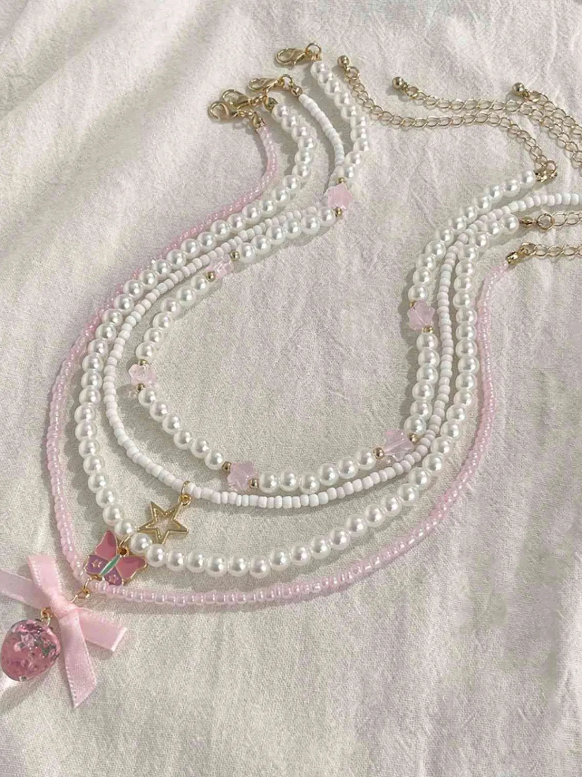 Fashion Retro Stage Pink & White Pearl Bow Butterfly Necklace Set