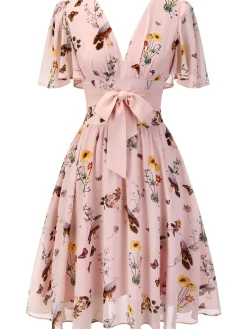 Clearance Retro Stage Pink Flowers And Birds Bowknot V-Neck Dress