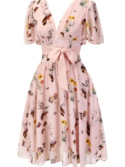 Clearance Retro Stage Pink Flowers And Birds Bowknot V-Neck Dress