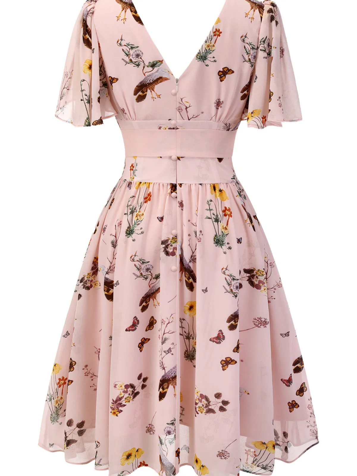 Clearance Retro Stage Pink Flowers And Birds Bowknot V-Neck Dress