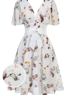 Clearance Retro Stage Pink Flowers And Birds Bowknot V-Neck Dress